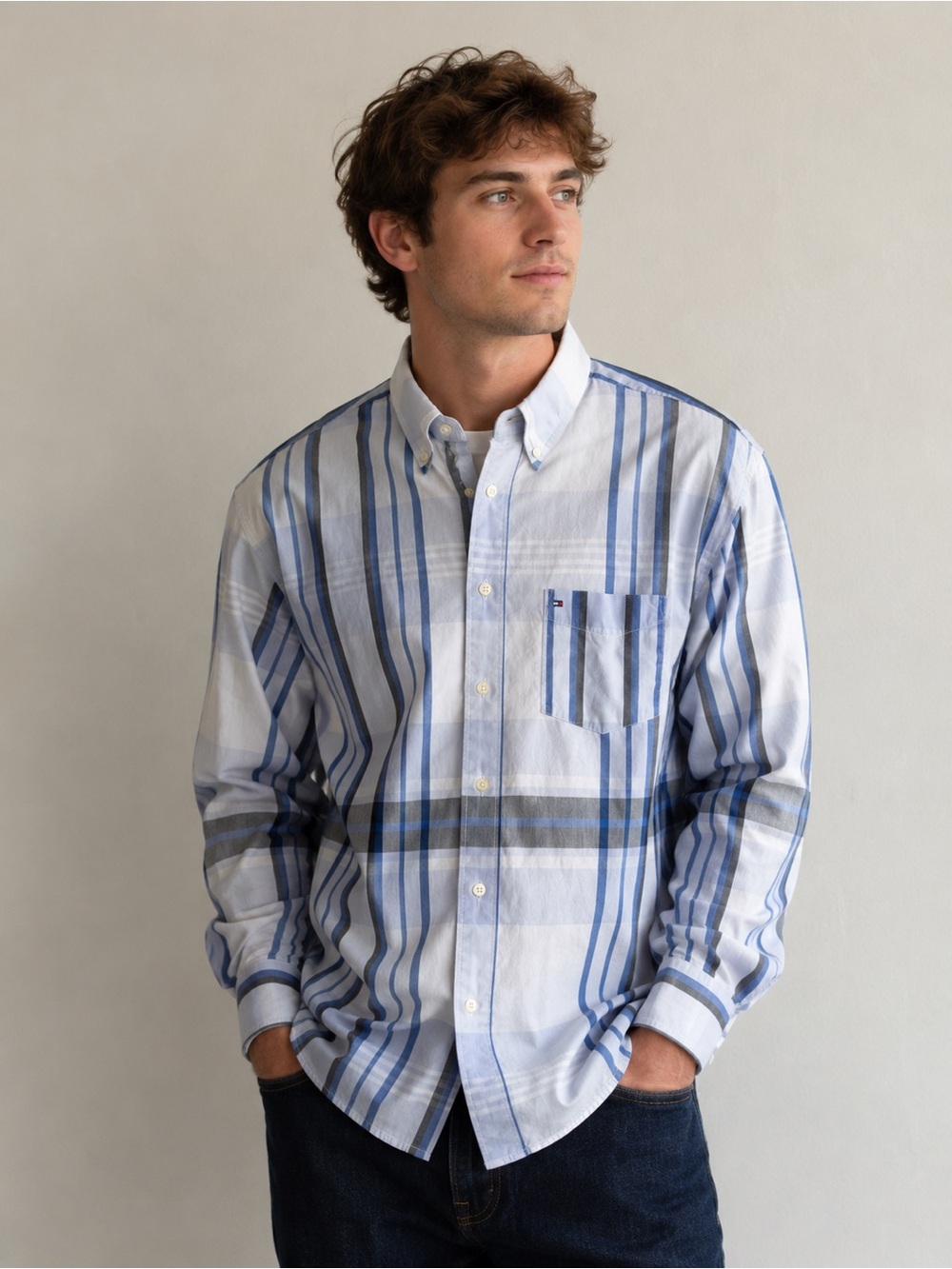 Vintage Tommy Hilfiger Light Blue and Navy Striped Button-Down Shirt Classic L